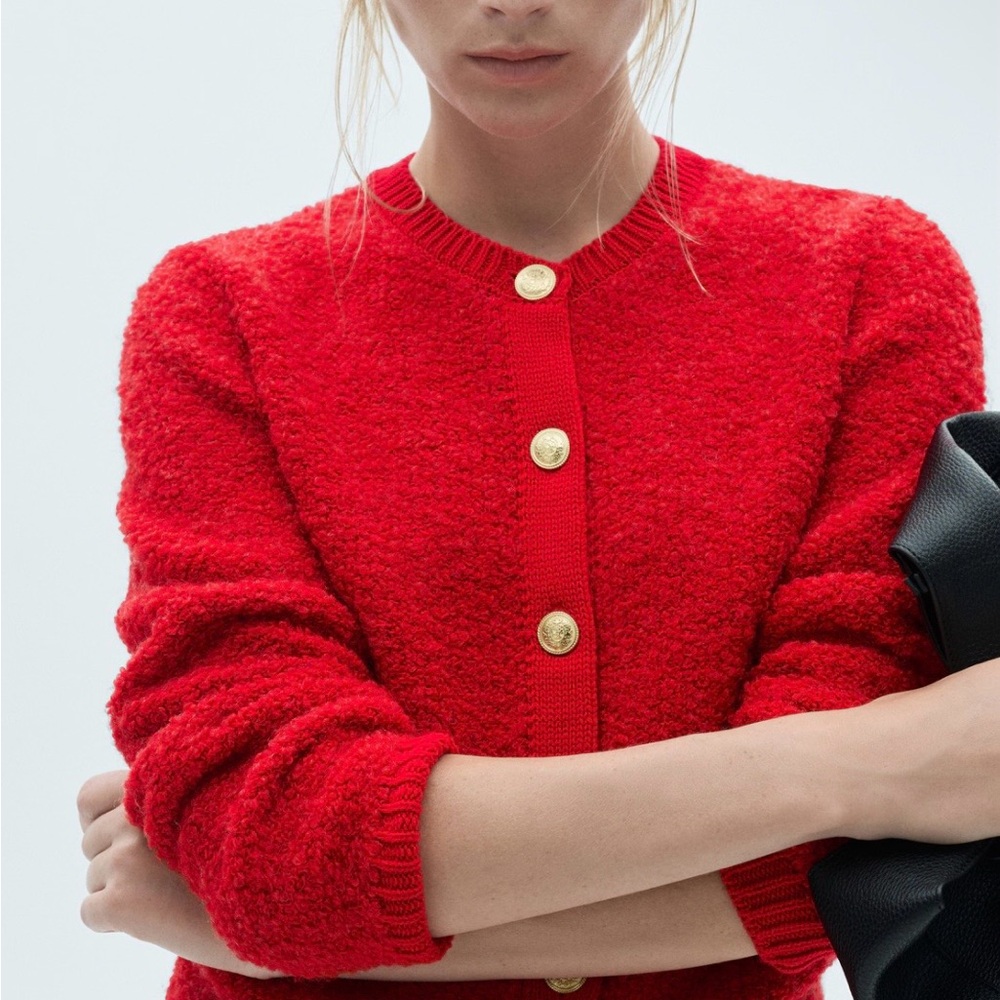 Mango Red Curly-Knit Cardigan with Jewel Buttons